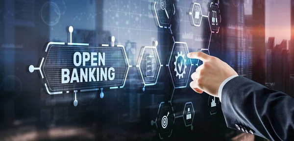 Open Banking Online Finance Konzept. Mann klickt auf eine virtuelle Bildschirminschrift — Stockfoto