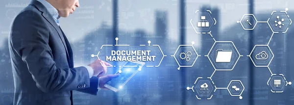 Document Management Data System Business Technology Concept (en inglés). DMS en pantalla virtual — Foto de Stock