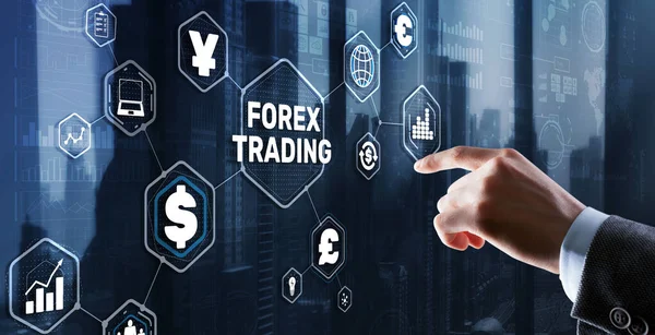仮想スクリーン上での外国為替取引の説明。株式市場の考え方 — ストック写真