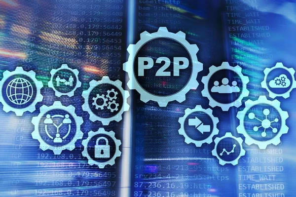 Peer Peer P2P Auf Dem Virtuellen Bildschirm Mit Serverraum Hintergrund — Stockfoto