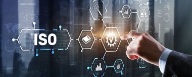 ISO sertifika konsepti standart kalite kontrol. Uluslararası bilgi güvenliği standardı