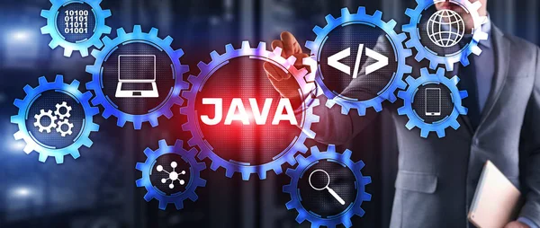 Lenguaje de programación Java y concepto de desarrollo web en pantalla virtual. — Foto de Stock