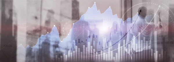 Financial graphs and analytics for investment solution. Double exposure — Stock Photo, Image