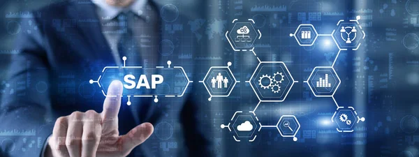 SAP 인텔리전트 Robotic Process Automation. 시스템 소프트웨어 자동화 개념 - 미래적 인 가상 화면 — 스톡 사진