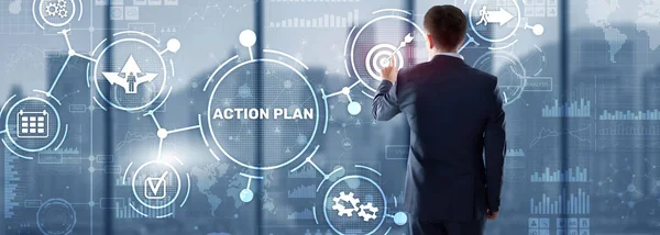 Έννοια στρατηγικής Επιχειρηματικού Σχεδίου Δράσης στην εικονική οθόνη. Διαχείριση χρόνου — Φωτογραφία Αρχείου