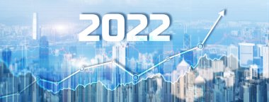 Modern şehir arka planında yeni 2022 yılı. Web Sitesi Afişi