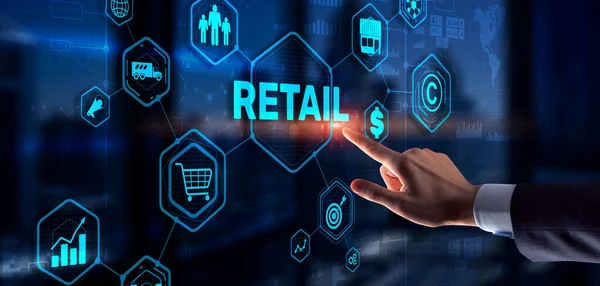 Einzelhandelskonzept Marketing Kanäle E-Commerce Shopping Automation auf virtuellem Bildschirm — Stockfoto