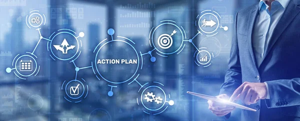 Concepto de estrategia de Business Action Plan en pantalla virtual. Gestión del tiempo —  Fotos de Stock