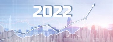 Modern şehir arka planında yeni 2022 yılı. Web Sitesi Afişi