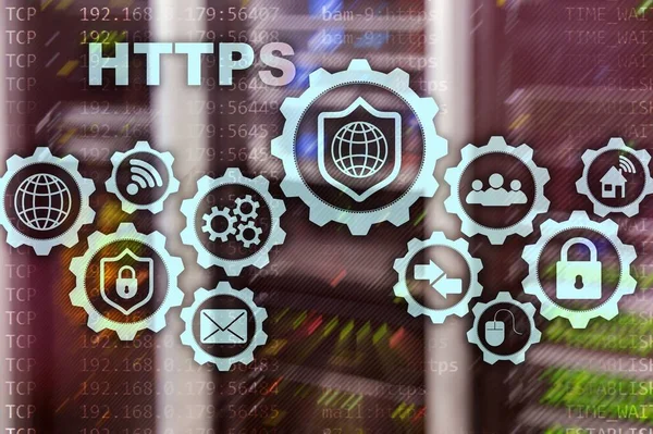 HTTPS. Hypertext Transport Protocol Secure. Technology Concept on Server Room Background. Virtual Icon for network security web service