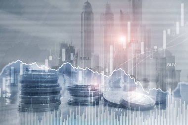 Finans Sermaye Bankacılık ve Yatırım Konsepti, karışık grafikli bozuk para ve şehir yığınları