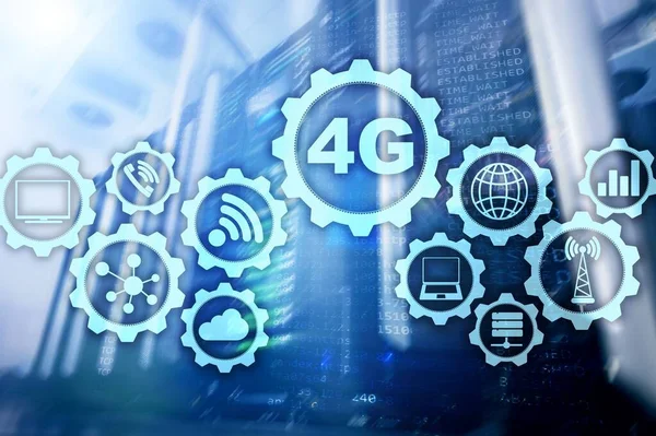 Mobile telecommunication cellular high speed data connection concept: 4G LTE. On server room background — Stock Photo, Image