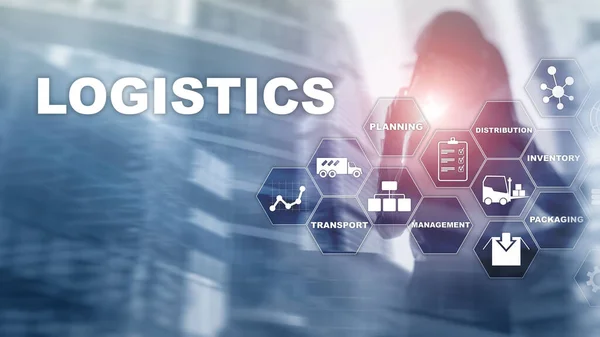 Logistic and transport concept. Businessman shows logistics diagram. Online goods orders. Goods delivery. Mixed media — Stock Photo, Image