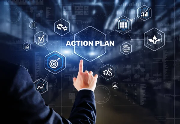 Koncepcja strategii Business Action Plan na wirtualnym ekranie. Zarządzanie czasem — Zdjęcie stockowe