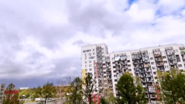 Timelapse Heavy Clouds Moving City Modern Houses Forest Back — Stockvideo