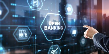 Businessman is touching hologram open banking. Technology Finance concept.