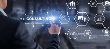 Danışmanlık konsepti. 3d simge danışmanlığına basan adam.