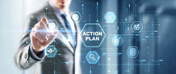 Businessman Clicks Action Plan Algorithm Strategy Development Business — Stockfoto