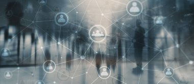 Sosyal medya. İnsan ilişkileri ve organizasyon yapısı. İş ve iletişim teknolojisi kavramı. Siluetli arkaplan.