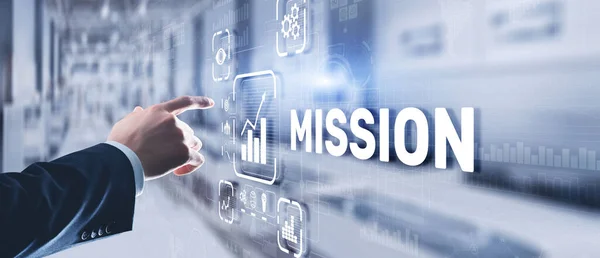 Businessman Clicks Virtual Screen Mission — Stock Photo, Image