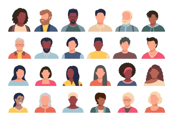 Set of persons, avatars, people heads of different ethnicity and age in flat style. Multi nationality social networks people faces collection. — Stock Vector