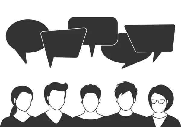 Mensen avatars met spraakbelletjes. Mannen en vrouwen communicatie, praten over llustratie. Medewerkers, team, denken, vragen, idee, brainstorm concept. — Stockvector