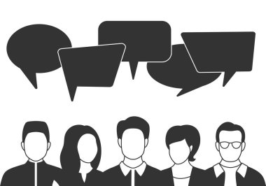 İnsanlar konuşma baloncuklarıyla avatarlar. Erkek ve kadın iletişimi, konuşan hayal gücü. İş arkadaşları, ekip, düşünme, soru, fikir, beyin fırtınası konsepti.