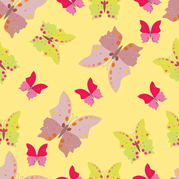 Bunter Schmetterling auf gelbem Hintergrund - nahtloses Muster — Stockvektor