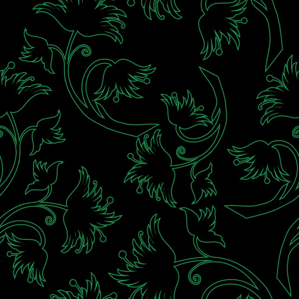 Dekorativa gröna blad på svart bakgrund - sömlösa mönster — Stock vektor