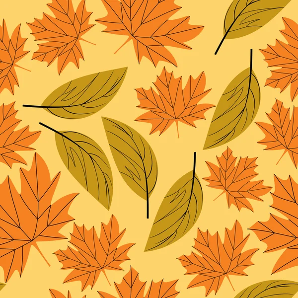 Autumn orange leafs on yellow background - seamless pattern — Stock Vector