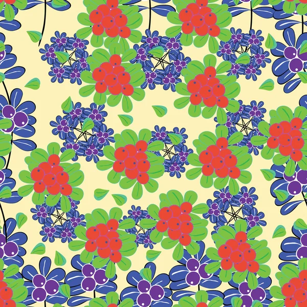 Blumen, Beeren und Blätter - nahtloses Muster — Stockvektor