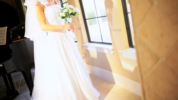 Portrait Caucasian Bride White Wedding Dress — Stock Video