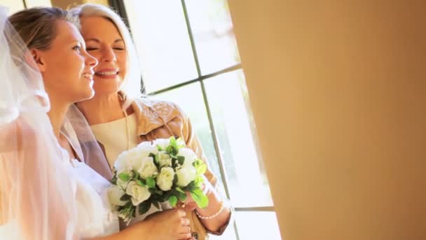 Proud Grandmother Posing Granddaughter in Wedding Dress — Stock Video