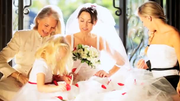 Cute Blonde Flower Girl Laughing Bride Family — Stock Video