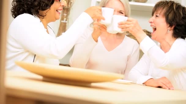 Multi etnische senior vriendinnen lachen over koffie — Stockvideo