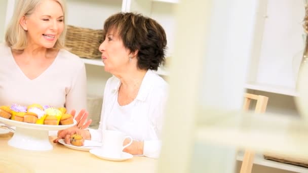 Multi etnische senior vrouwtjes lachen over koffie en gebak — Stockvideo