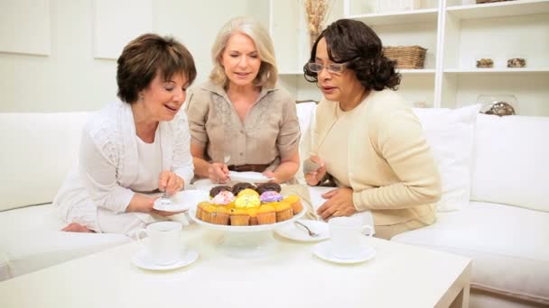 Multi étnico retirado novias disfrutando de té Cupcakes — Vídeo de stock