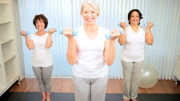 Femmes âgées caucasiennes utilisant des poids Club de santé — Video