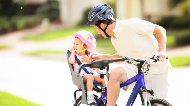 Young Father and Toddler Safety Helmets Bicycle — Stock Video