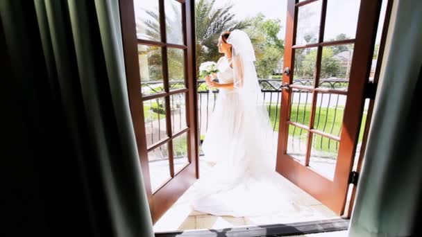 Portrait Caucasian Bride White Wedding Dress — Stok Video