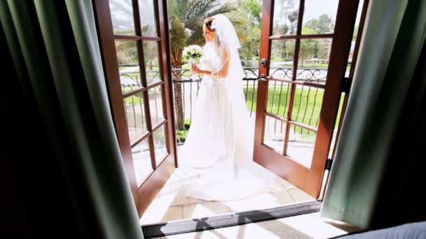 Caucasian Bride White Dress and Veil — Stock Video