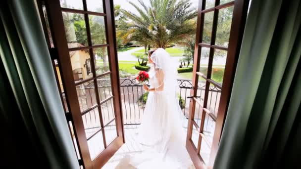 Portrait Caucasian Bride White Wedding Dress — Stok Video