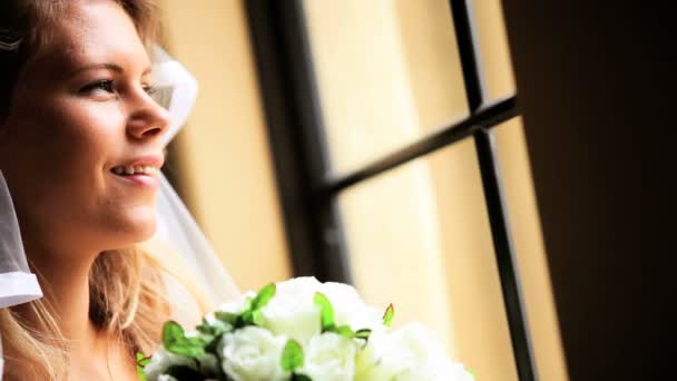 Young Blonde Bride White Dress Veil — Stock Video