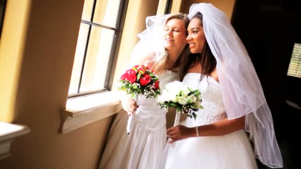 Смеющиеся афроамериканские невесты Кавказа — стоковое видео