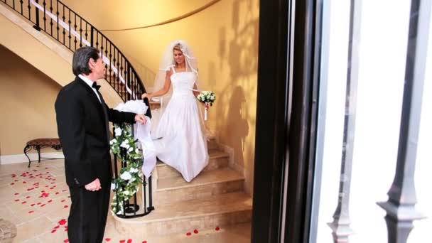 Father Watching Bride Descend Staircase — Stock Video