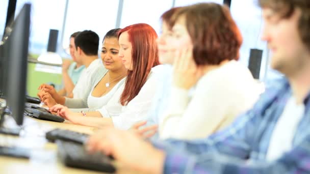 Vrouwelijke en mannelijke studenten leren online hub — Stockvideo