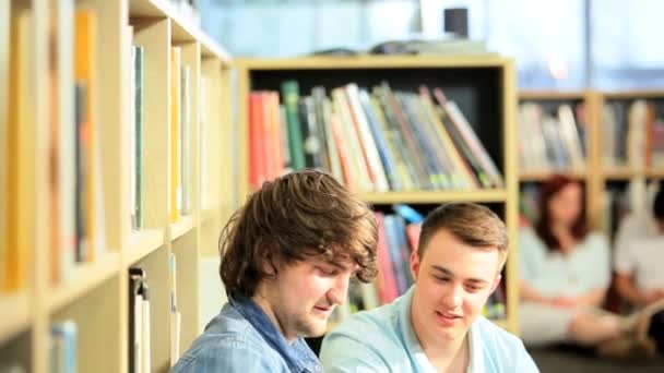 Compañeros de clase caucásicos investigando exámenes universitarios en la biblioteca — Vídeo de stock