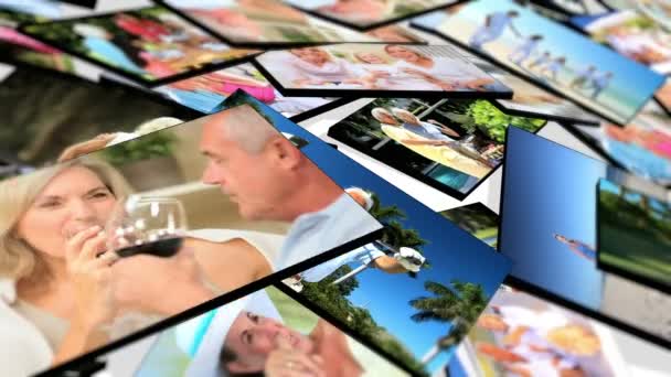 Montage 3d tablet beelden senior koppel genieten van levensstijl momenten — Stockvideo