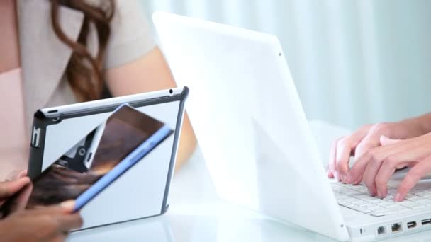 Diverse women's hands using touch screen and typing on laptop — Stock Video