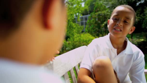 African American Friends Together Park Bench — Stockvideo